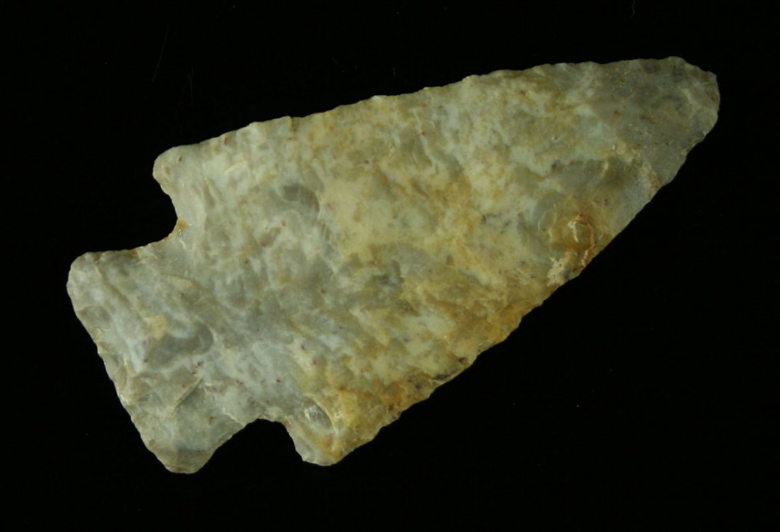 2 5/8" Ohio Hopewell: Extra pretty cream, gray, and brown/orange Coshocton. Great symmetry. Found in Franklin Co., Ohio. Ex- Dave Rowlands.