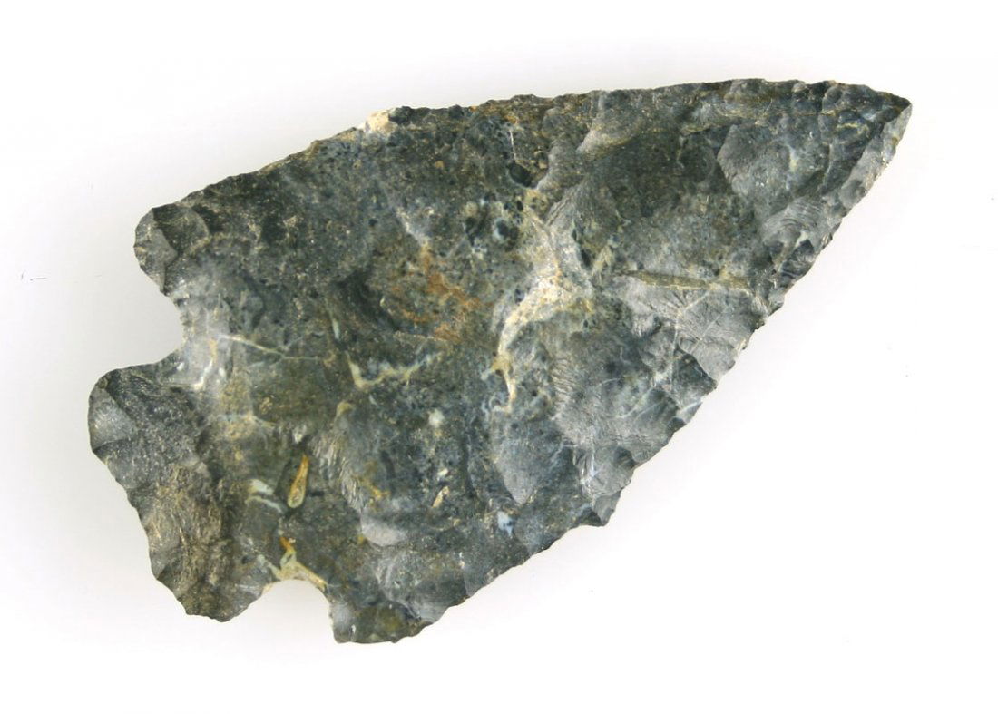 2 3/4" Ohio Coshocton Pentagonal - Partain COA: Rare early form. Multicolored Upper Mercer Chert mostly patinated blue with white streaks running throughout. Found in Stark Co., Ohio. Partain COA.