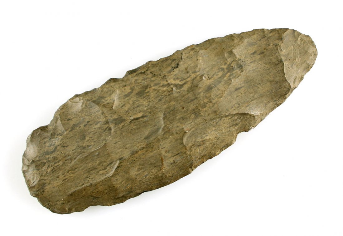 7 1/2" Flint Hoe: Nice example in Dover chert from southern Kentucky from the Johnson Collection. Good bit polish!