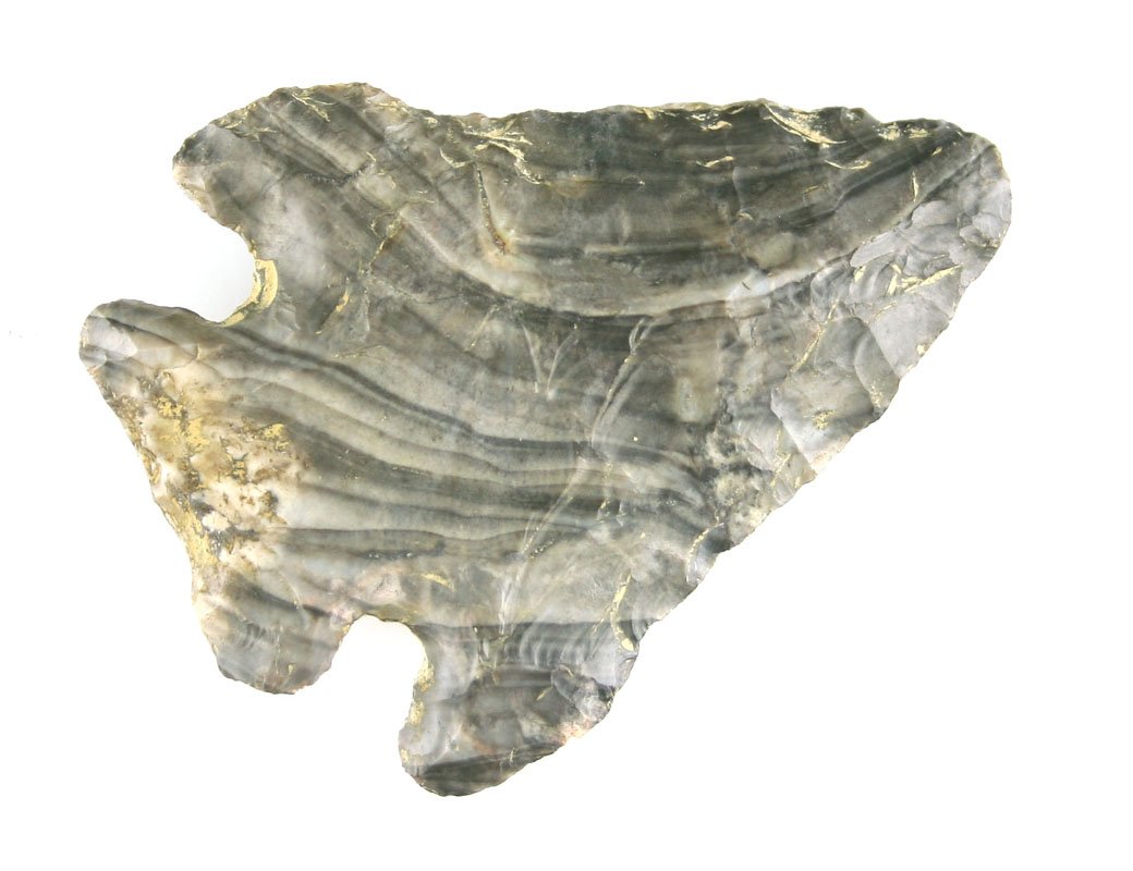 2 7/16" Ohio Pentagonal - Rogers COA: Black, charcoal, maroon, and cream Nethers Flint Ridge. Really pretty. Found in Licking Co., Ohio. Rogers COA.