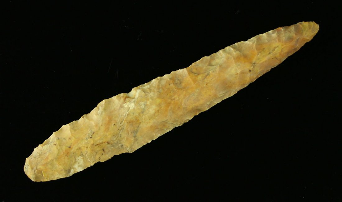 Huge 5 7/16" Turkeytail Drill: All there. Made of orangish colored creek stained chert. Found in the Moore Park area North of Three Rivers, Michigan by Jack Hughey. Ex- Todd Walterspaugh Collection.