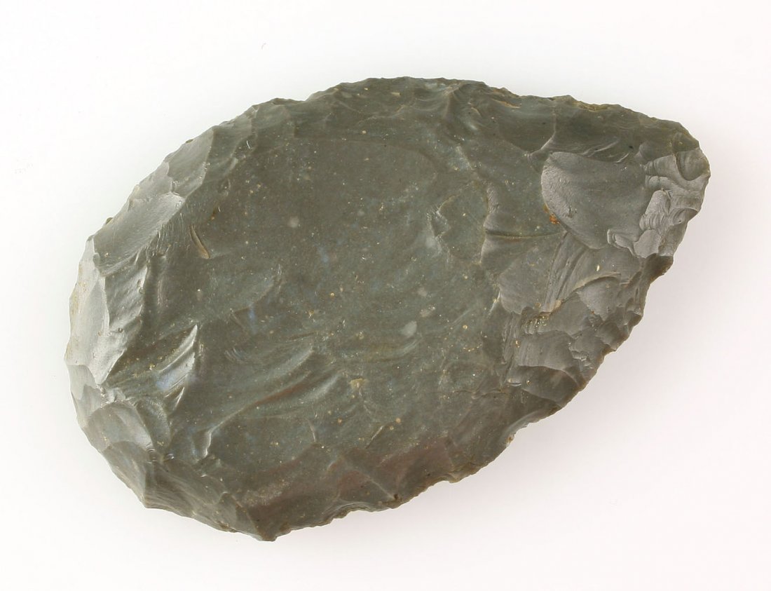 3 3/4" Scraper: Bifacially flaked example with nice steep edge. Harrison County Flint. Indiana/Ohio example from the Art Heaton Collection.