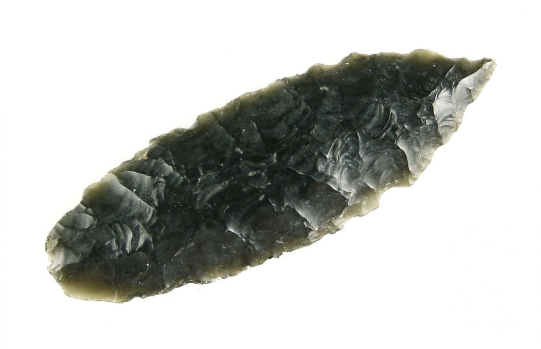Really Fine 2 1/8" Obsidian Cascade: Thin with a needle tip and nice serrations. Ex- Scott Webb Family Collection. Eastern Oregon.