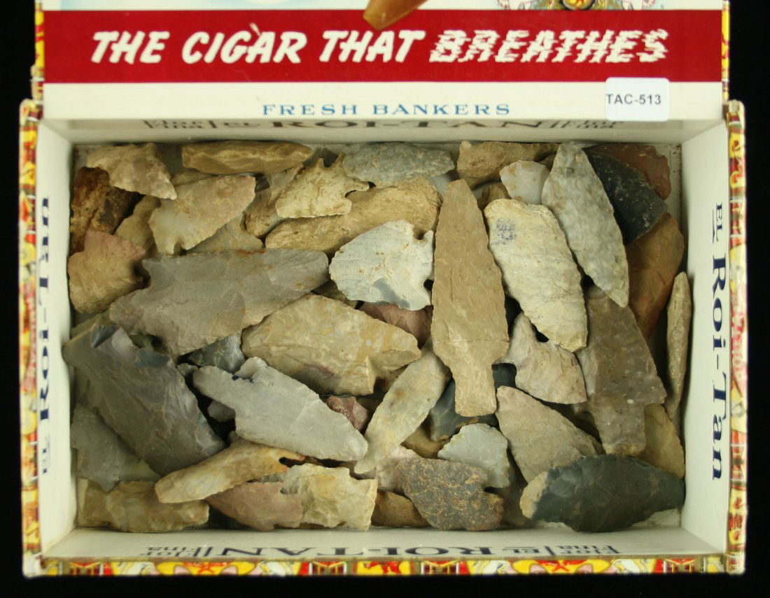 Cigar Box Collection of Arrowheads from Fayette Co.,: Various materials and sizes up to 3 inches. All from Fayette Co., Kentucky. Ex- Dr. Joe Daugherty Collection.