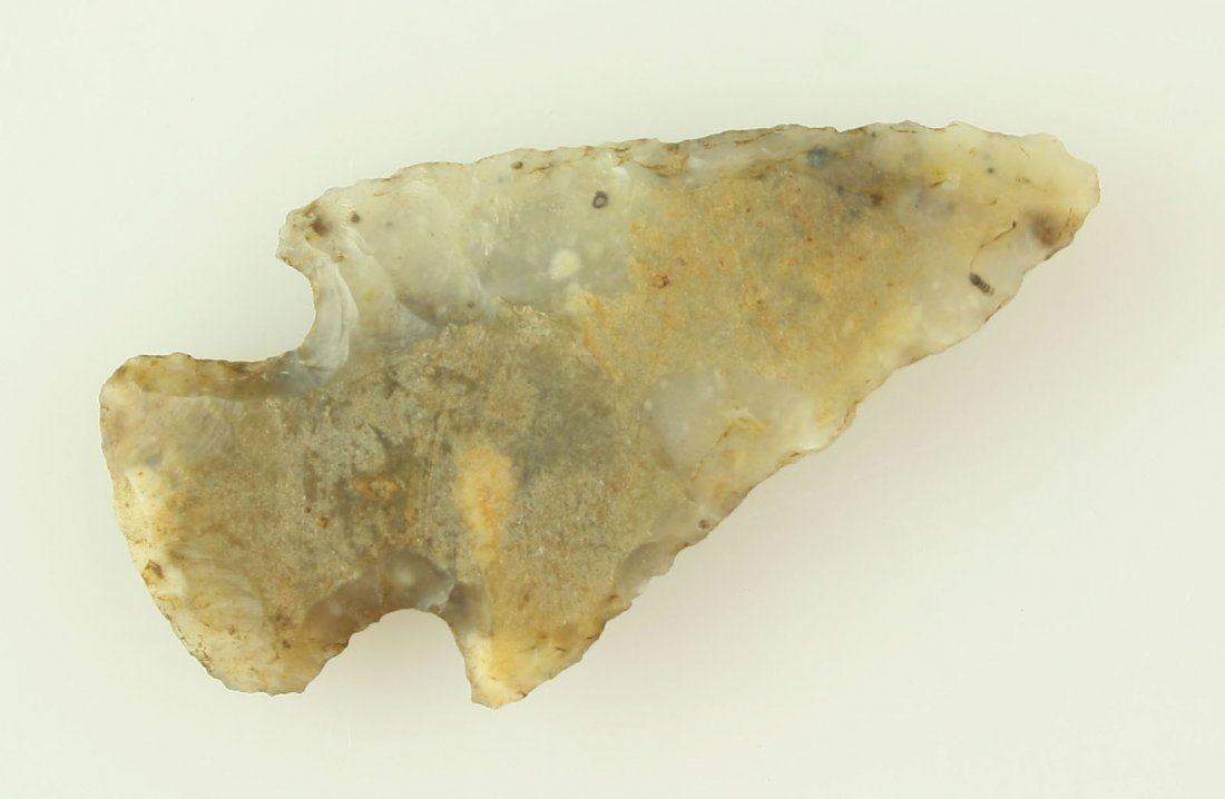 2 3/8" Hopewell: Moss Agate Flint Ridge Chalcedony example from Ohio. Ex - Art Heaton Collection.