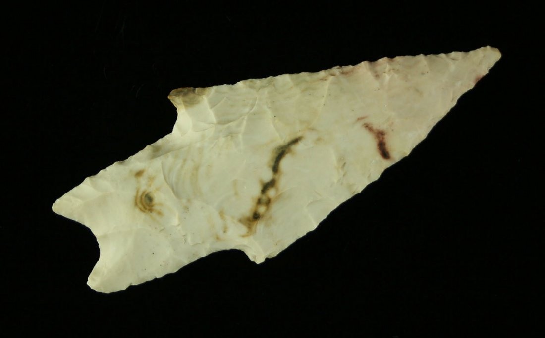 2 5/8" Texas Pedernales: Very pretty white chert with brown highlights. Needle tip. Found by John Koehler in Central Texas in the 1940's & 50's.
