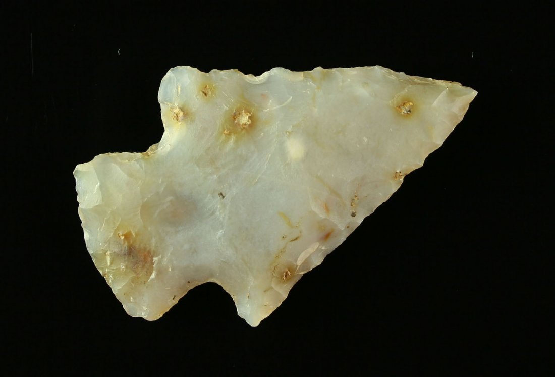2 3/16" Hopewell: Moss Agate Flint Ridge Chalcedony example from the Art Heaton Collection and found in Delaware Co., Ohio. Totally translucent with dendrites.