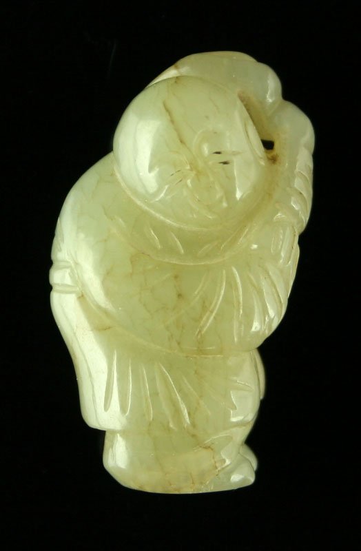 Beautiful Greenish White Jade Ming Dynasty Figural: Superb top quality Jade carving. Highly detailed and highly polished. Ex- Williams Auctions, Flushing, New York - identified as Chinese Ming Dynasty. Measures 34mm. Weighs 12 grams.