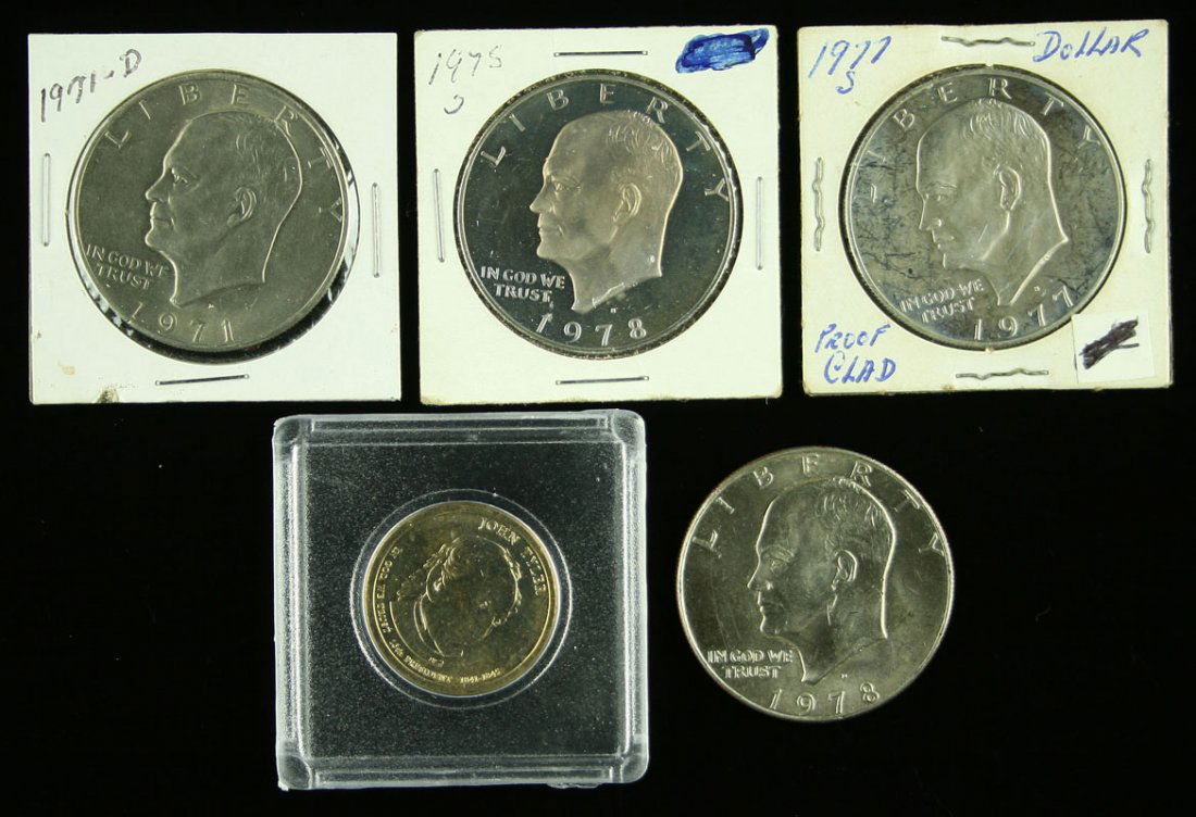 5 Dollar Coins including 1 40% Silver: 1971-D, 1977-S, 1978-D, 1978-S, and a John Tyler Gold Dollar. The 77-s and 78-s would grade very high as a clad. The '71-D is 40% silver.