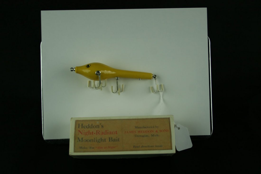 Heddon's Night Radiant Moonlight Bait Lure: Nice example marked 'No 220 Hines 01' on bottom. Hand painted with inset glass eyes. Reproduction box.