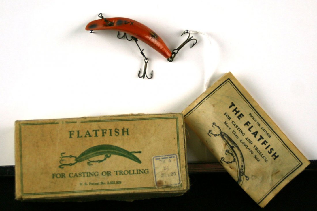 Vintage Flatfish Lure w Original Box: Neat orange patterned example on hand painted wood. Original box!