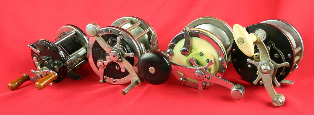 4 Vintage Saltwater Fishing Reels.: Penn Senator 2/0, Ocean City #112, Penn Peer 109, Garcia Mitchell.