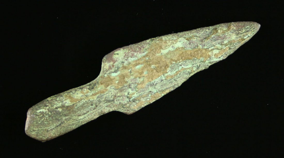 3 1/8" Old Copper Culture Socketed Spear: Superb example. Very heavy, very stable, and literally damage free. Found by Ernest Schug in Dodge Co., Wisconsin.