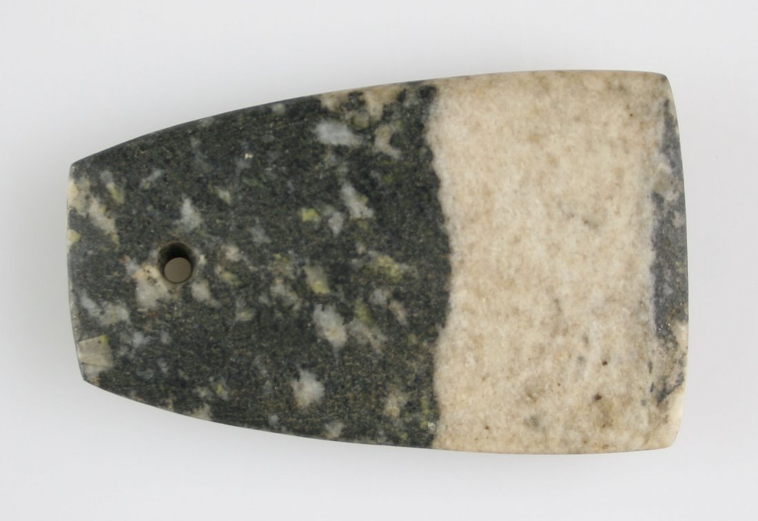 3 1/2" Hopewell Trapezoidal Pendant: Gneiss hardstone example from Morrow Co., Ohio. Rare. Hardstone pendants are perhaps 1 in 50 compared to other materials.