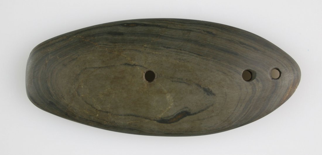 4 7/8" Glacial Kame Gorget: Sandal Sole/Coffin type gorget from Holmes Co., Ohio. Banded slate.