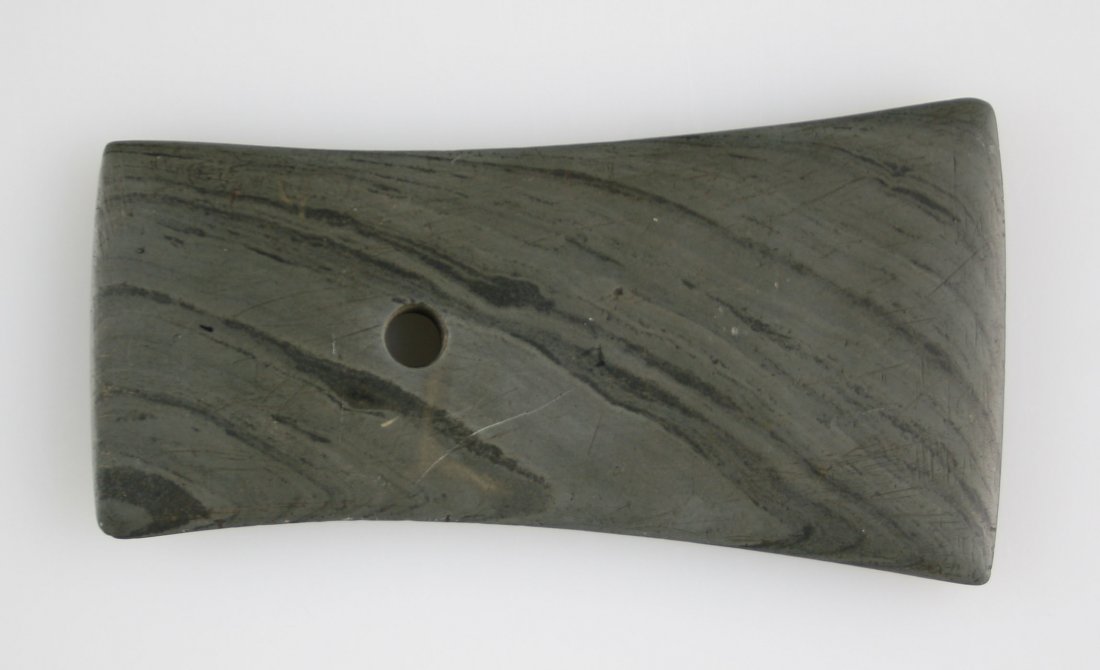 4 1/8" Bell Pendant - David G-9 COA: Nice banded slate example from Huron Co., Ohio. THIN piece of Hopewellian craftsmanship.