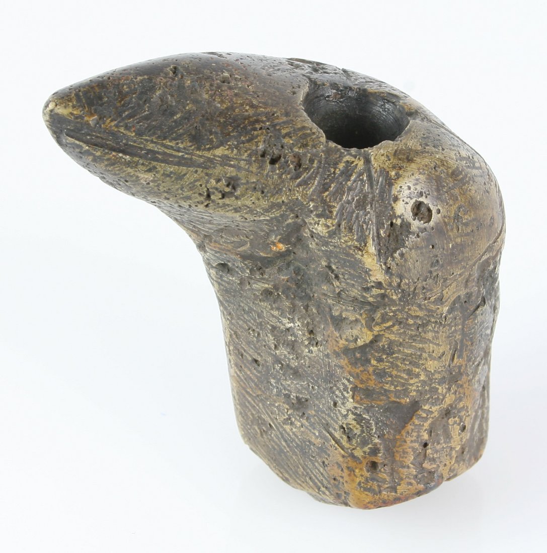 3 1/2" x3 1/4" Bird Effigy Pipe: Huge block pipe in Pipestone with a bird beak. Incised lines. Found by Kenneth Broughton in Carter Co., Kentucky.