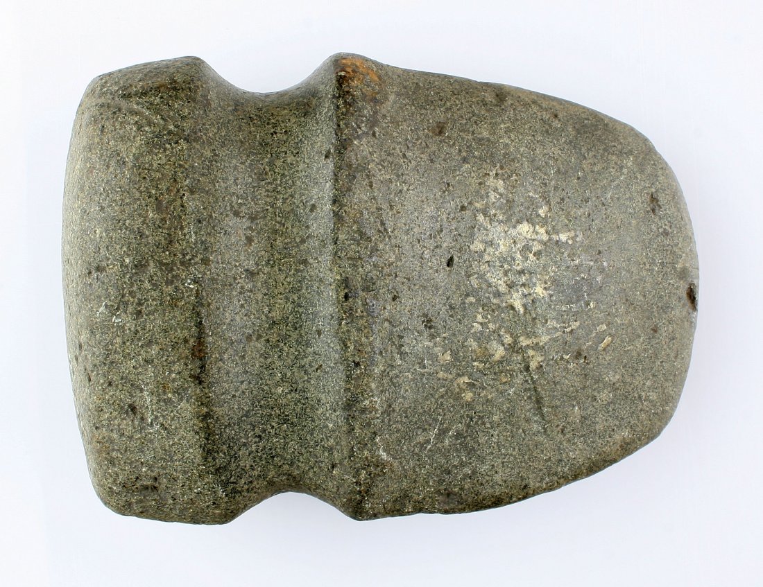 6" Fluted Base 3/4 Groove Axe: Highly developed example found by Kenneth Broughton in Carter Co., Kentucky. Green Diorite. Exceptional!