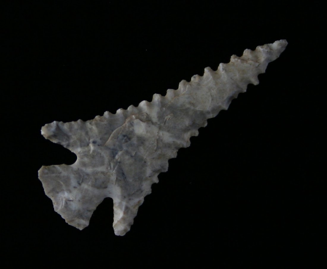 G-10 1 7/16" Sequoyah - Jackson COA: Reportedly collected at Spiro Mound in LeFlore Co., Oklahoma. Ex - Dr. Robert Bell Collection. Fantastic mottled chert example with tiny serrations. Jackson COA. Includes a copy of a letter between Dr