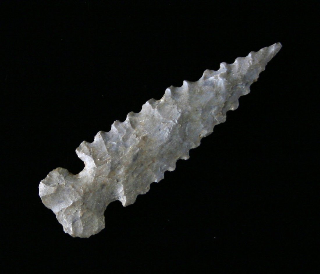 G-9+ 1 5/16" Dardanelle - Jackson COA: Reportedly collected at Spiro Mound in LeFlore Co., Oklahoma. Ex - Dr. Robert Bell Collection. Includes a copy of a letter between Dr. Bell and Carl Englunder from the 1930's concerning its acquisitio