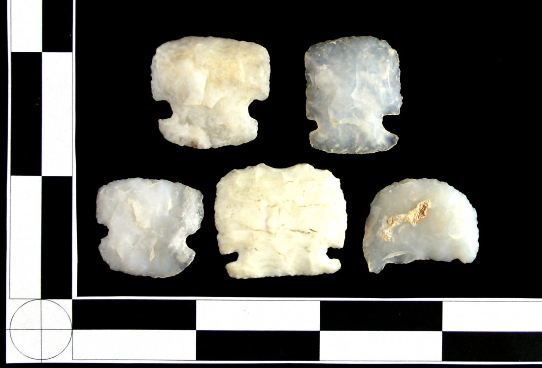 5 Notched Scrapers: White Luna Agate pieces from Southern New Mexico/Northern Mexico.