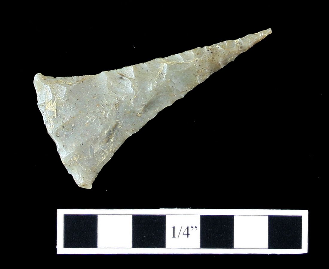 1 13/16" G-10 Fort Ancient Feurt Style point: Excellent example found by Kenneth Broughton in Carter Co., Kentucky. Translucent Carter Cave Flint.