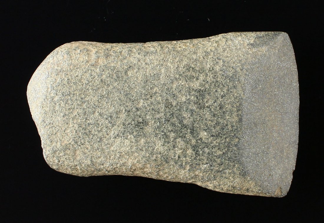 3 13/16" Flare Bit Celt: Nice green Granite/Diorite example from the Verlon Endres Collection of Macomb, Illinois. Excellent bit condition. Interesting hafting area.