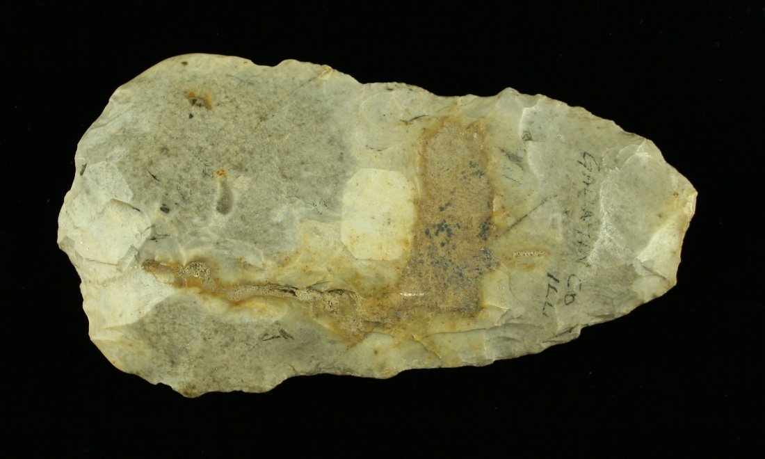 6 1/2" Flint Hoe: Super high polish on this example from Gallatin Co., Illinois. Mill Creek Chert. Ex - Cowan Hood Collection.