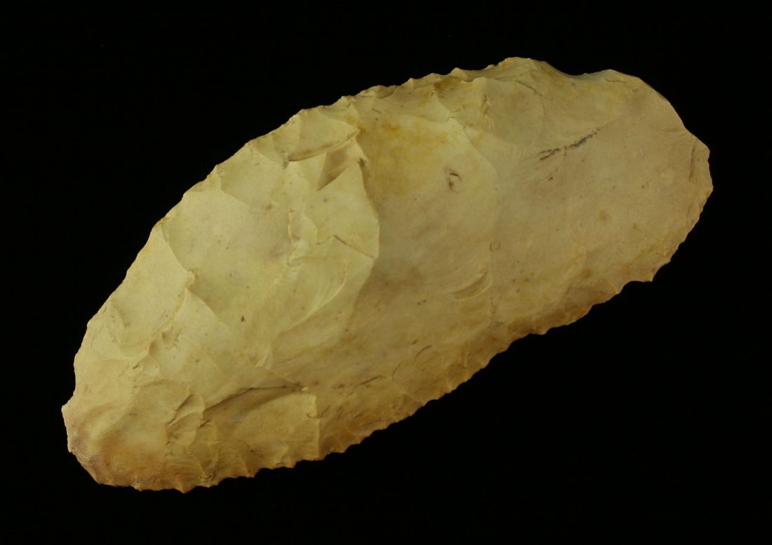 4 7/16" Paleo Scraper: Nicely flaked example in a banded cream flint. Ex - Art Heaton Collection.