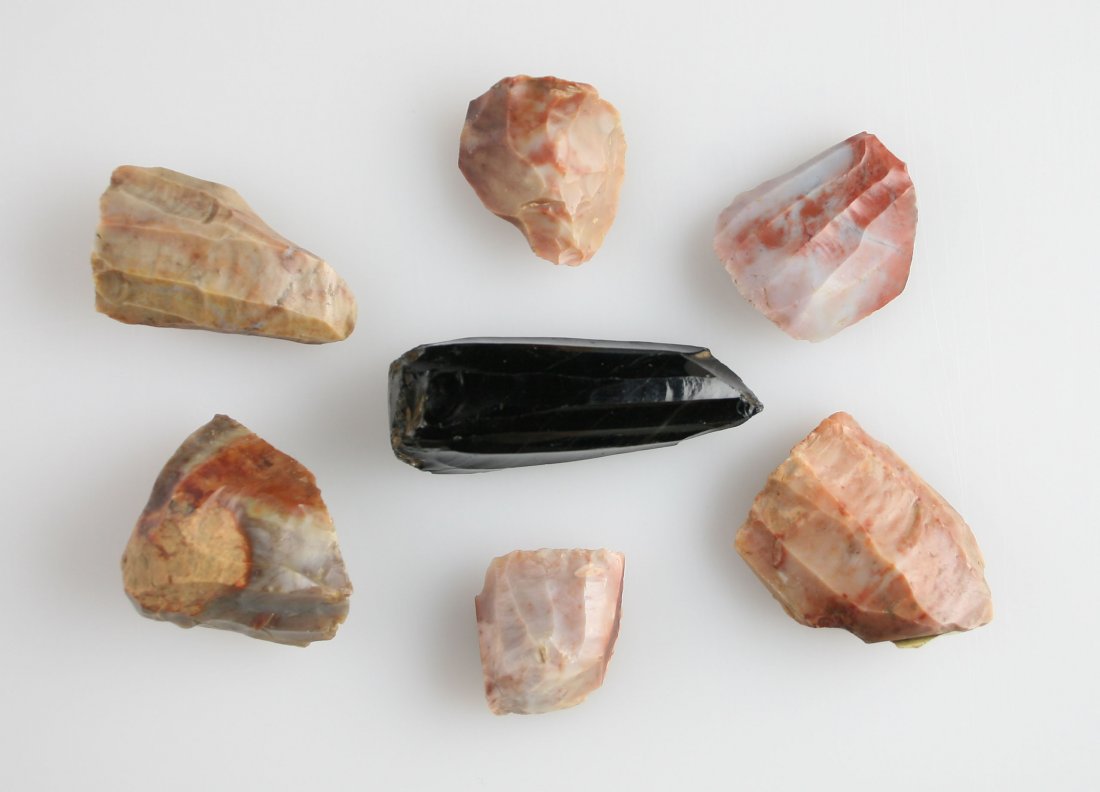 7 Hopewell Prismatic Blade Cores: Nice Flint Ridge examples and one RARE Obsidian one. All formerly Art Heaton Collection.