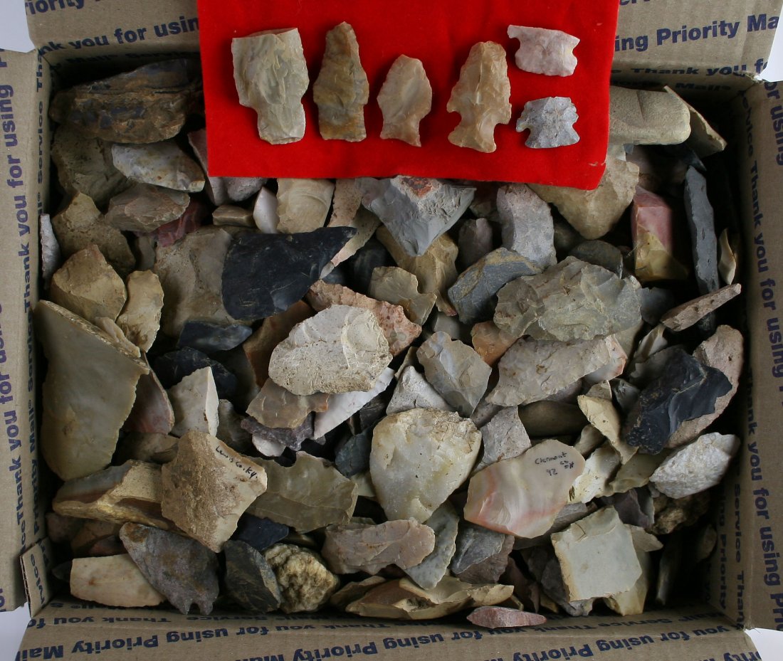 Artifact Fragments and Pieces: 26lbs 15oz of broken points, some up to 80% there, flake knives, scrapers, broken stone tools, potsherds. Fills a Medium Flat Rate Box. Extra S&H required. Great for study or for a decorative artifact