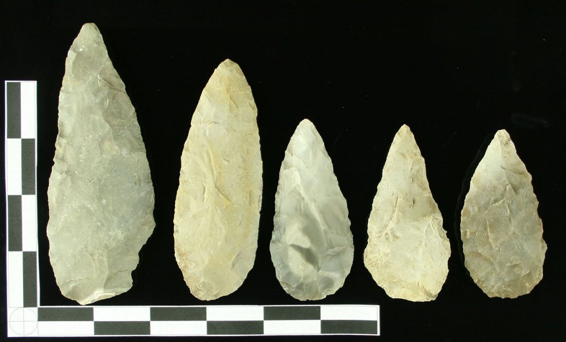 5 Large Texas Blades: Various materials, mostly Edwards Plateau chert. Biggest is 5 inches. Smallest is 3 inches. All found by John Koehler in Central Texas in the 1940's and 50's.