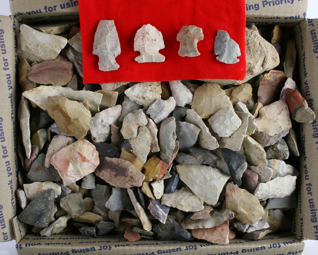 Artifact Pieces and Fragments: 24lbs 13oz of broken points, some up to 80% there, flake knives, scrapers, broken stone tools, potsherds. Fills a Medium Flat Rate Box. Extra S&H required. Great for study or for a decorative artifact