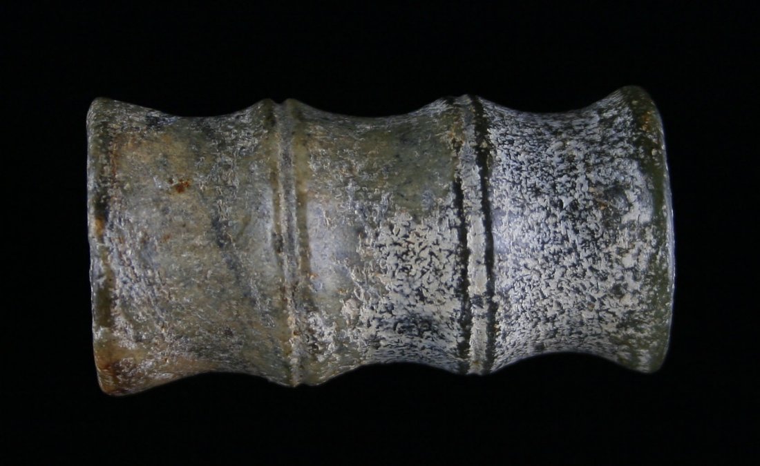 2" Chinese Segmented Stone Bead / Cong form: Appears to have great age but actual age unknown. Old Neolithic style biconical drilling. Old Indiana Collection.