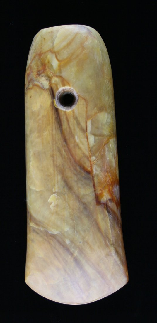 7 1/8" Chinese Jade Axe: Yellow/tan stone example of unknown age. Drilled. Great displaying piece.