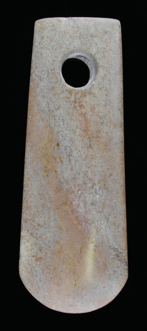 9" Chinese Luangshu Axe: Nice orange/cream/green patinated jade example from China of unknown age. Displays very very well.