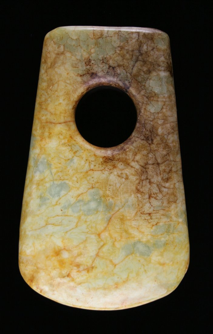 5 1/8" Chinese Jade Axe: Green and Cream Jade example from China. Exact Age Unknown.