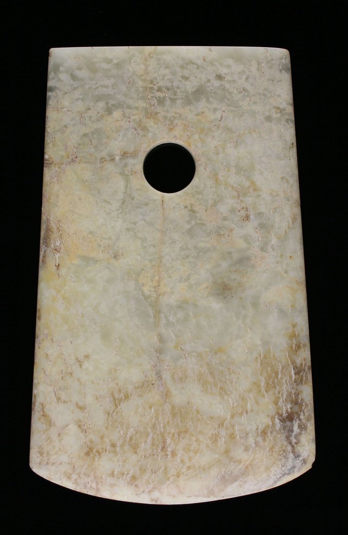 7 5/16" Chinese Luangshu Axe: Pretty white patinated jade or other stone example from China. Unknown age.