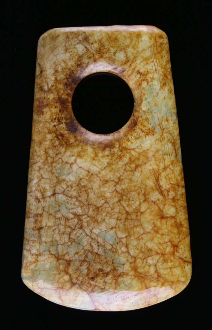 5 1/8" Chinese Jade Axe: Nice orange patinaed example from China. Exact age unknown.