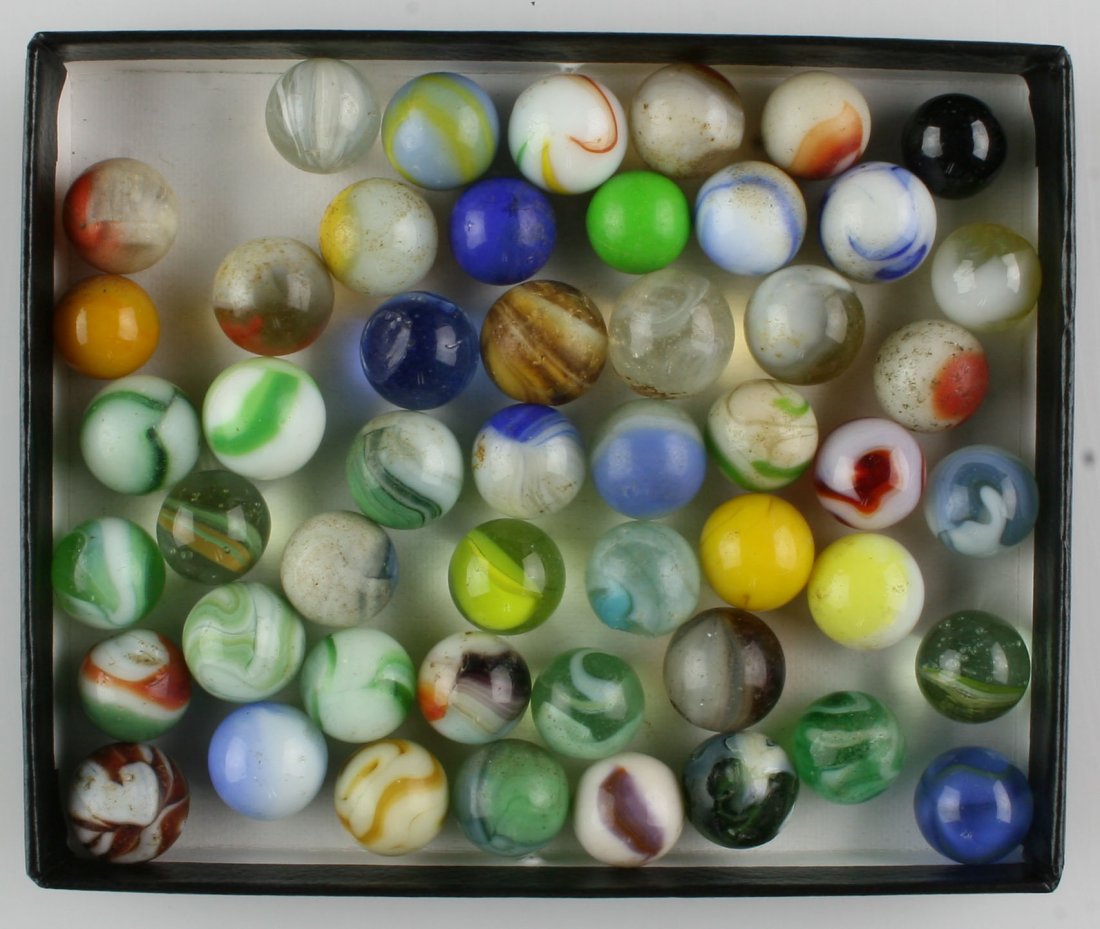 50 Vintage Marbles: Most are 5/8" and varied beautiful styles and types. Ex - Broughton Estate