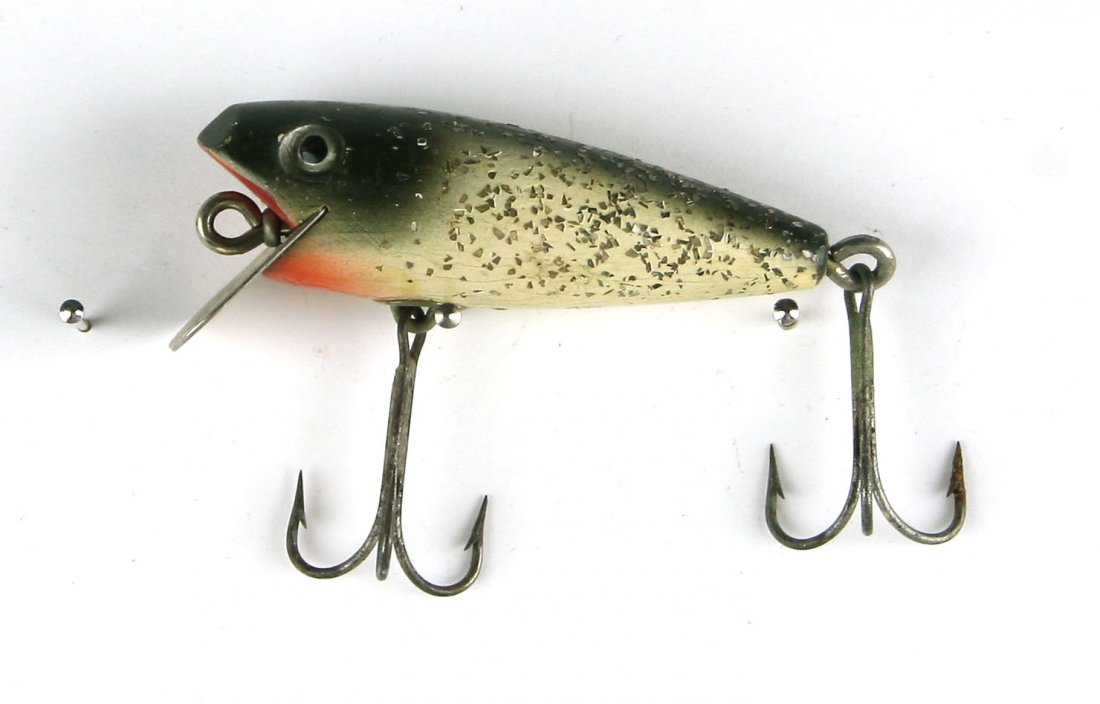 Vintage 2 1/2" Shakespeare Pup Lure: Silver Flash example from the 1930's. Wood.