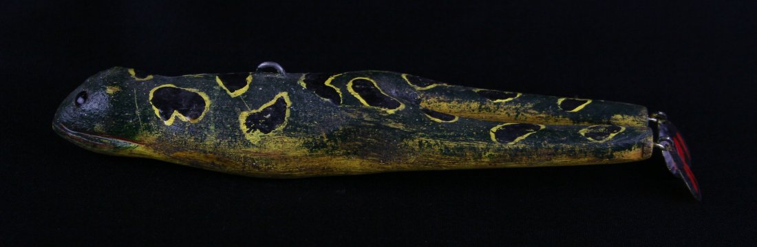 9 1/2" Frog Decoy: Super nice piece of Great Lakes Folk Art from Minnesota/Michigan used during Ice fishing to attract fish! Really cool piece with weighted body and spinners.