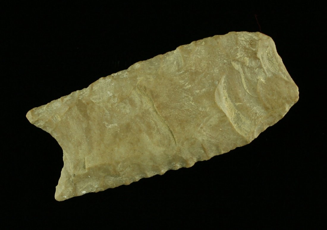 2 7/8" Clovis: Damaged example found 12/4/2001 across from the stockyards in Mason Co., Kentucky. Fort Payne Chert example.