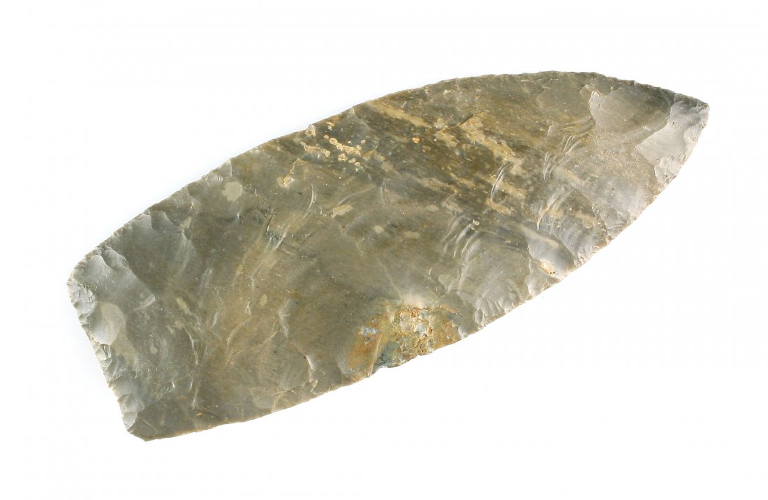 5 1/2" Red Ochre Blade - Insight COA: Banded Coshocton flint example from Butler Co., Ohio. Ex - Berry White Collection. Insight COA.