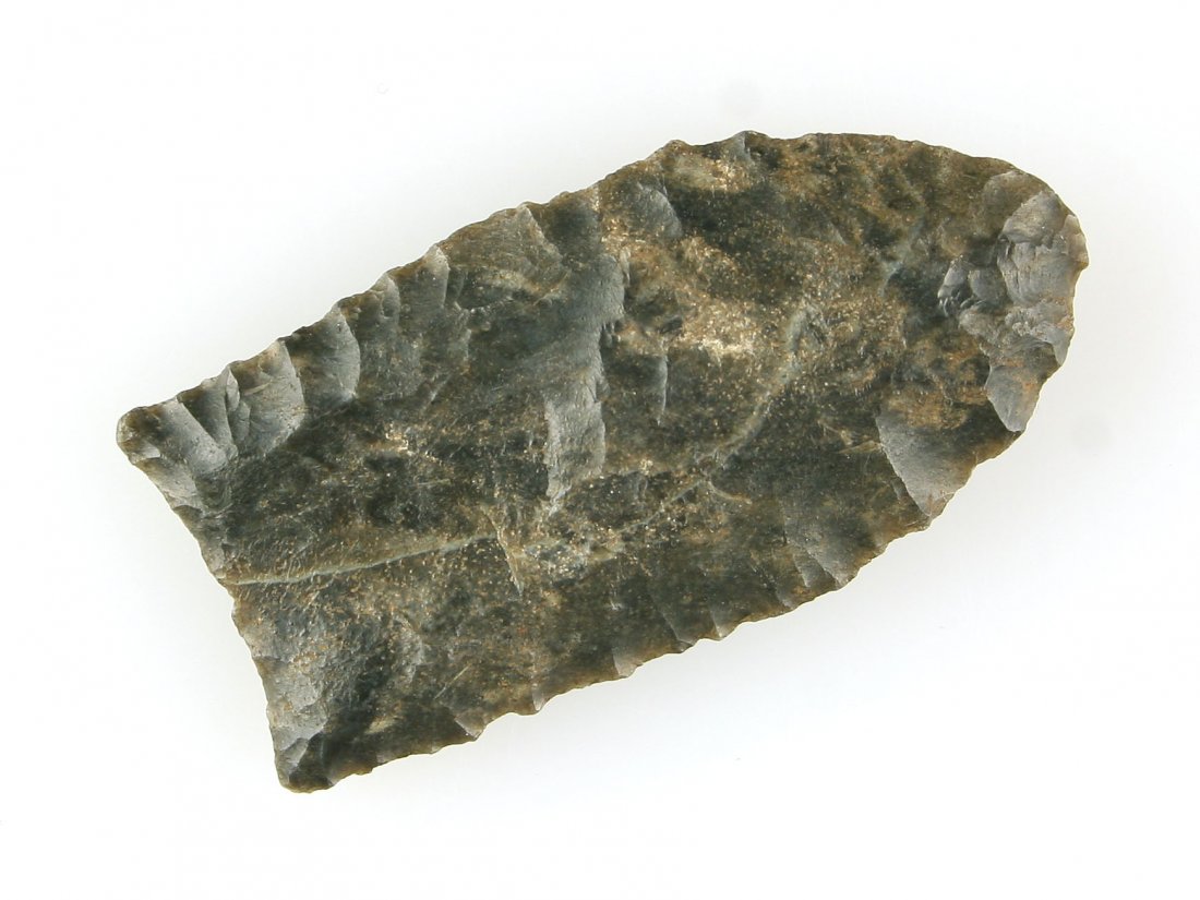 Top Quality 1 7/8" Coshocton Clovis - Jackson G-9 COA: Classic dark blue/gray Coshocton with white lightening streak running vertically. Extra thin with super precise flaking. Fluted 50% one side, 40% on the other. Found in Morrow Co., Ohio. Accompanied w
