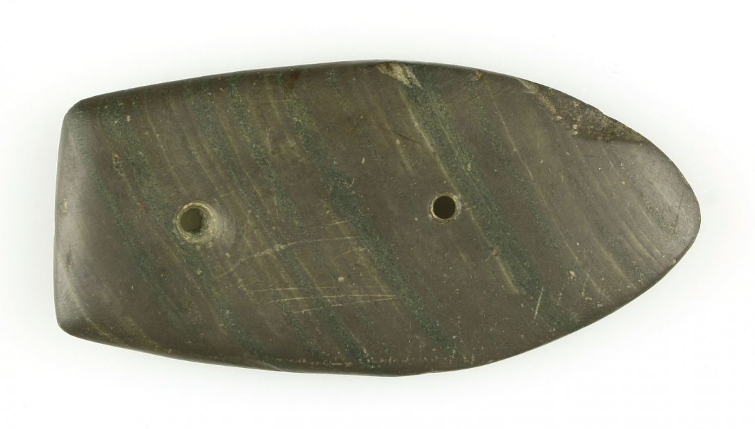 4 7/16" Glacial Kame Coffin Gorget - Jackson COA: Red banded slate example from Ohio. Ex - Root Collection. Jackson COA.