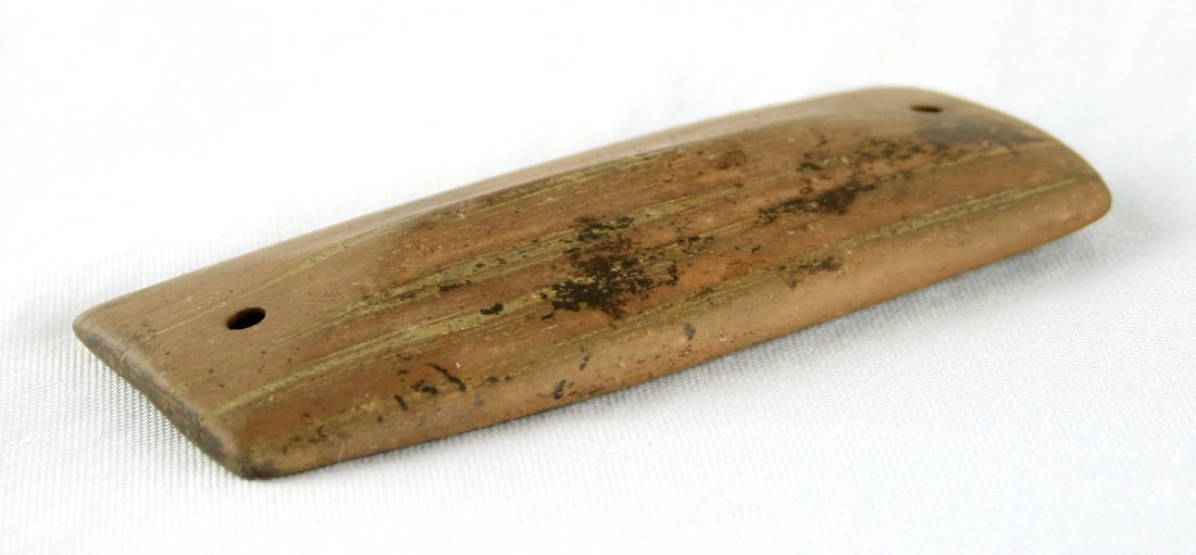 3 7/8" Ridged Gorget - Jackson COA: Nice red slate example from Vinton Co., Ohio with good mineralization. Jackson COA