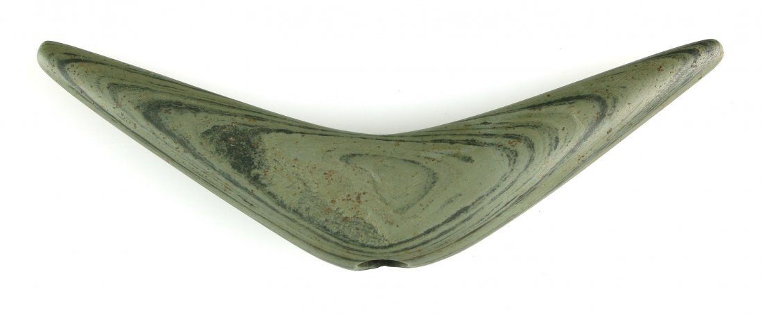 2 1/4"x 6 3/16" Crescent Bannerstone: Green Banded Slate example from Ohio found at an Estate sale. Looks good!
