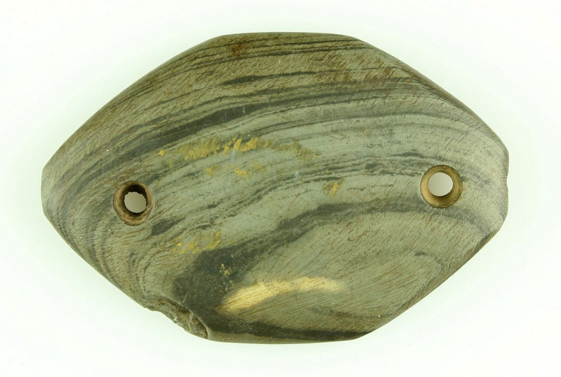 3 1/4" Gorget: Green Banded slate example formerly of the Root Collection. Nicely drilled holes. Jackson COA.