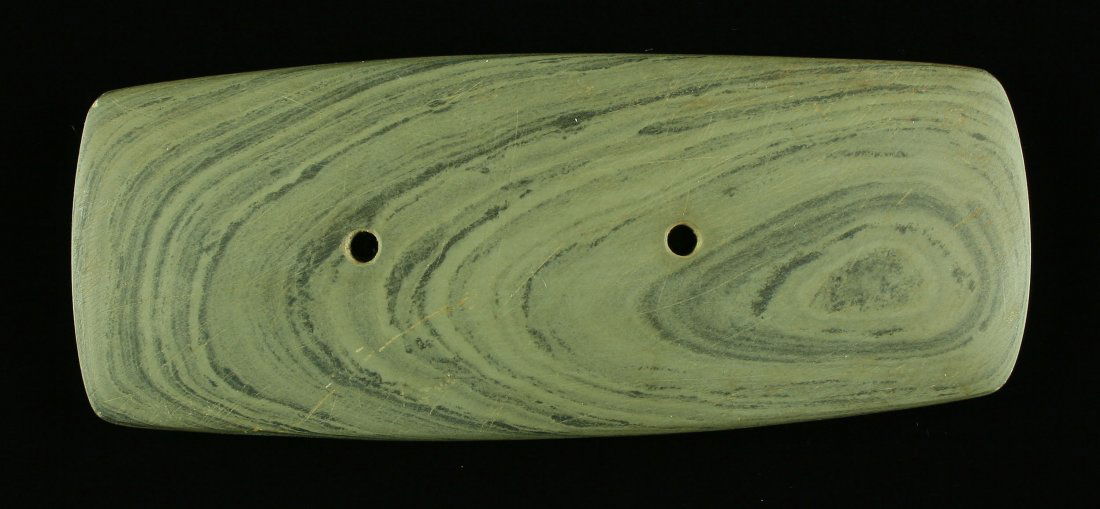 4 13/16" Rectangular Gorget: Green Banded Slate example from Ohio. Some collector polish. Nice.